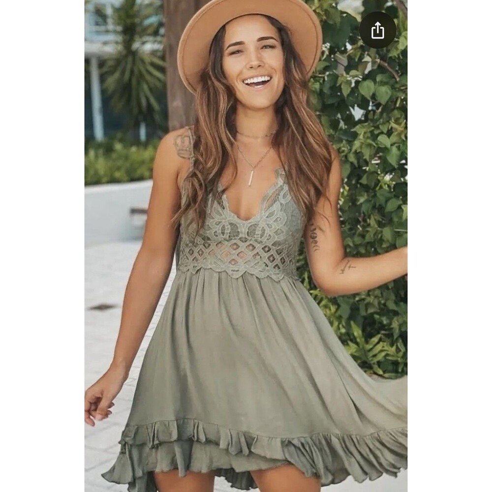Fairy Lace Boho Mini Dress Womens LG Sage Green Ruffle Crisscross Straps NWT